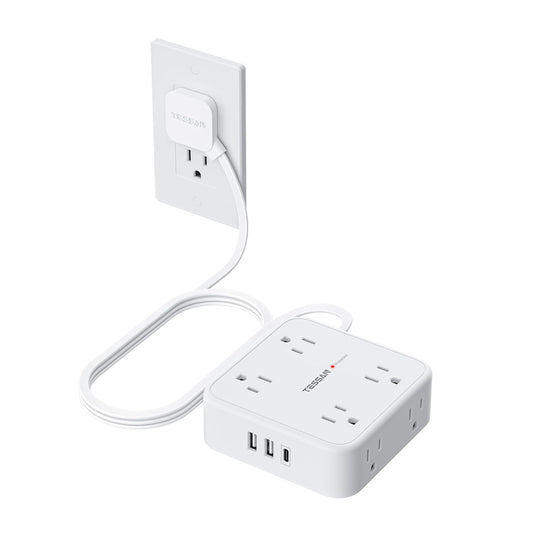 TESSAN Surge Protector Power Strip with 900J Surge Protection, 5 Ft, White | 8 AC with 3 USB Ports (1 USB C), Flat Plug Extension Cord, 3 Sided Outlet Extender with Power Switch for Office, Dorm Room