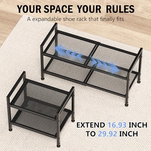 2 Tier Shoe Rack, Expandable Shoe Rack for Closet, Adjustable Shoe Organizer for Entryway, Shoe Storage Organizer for Door Entrance, Garage, Bedroom