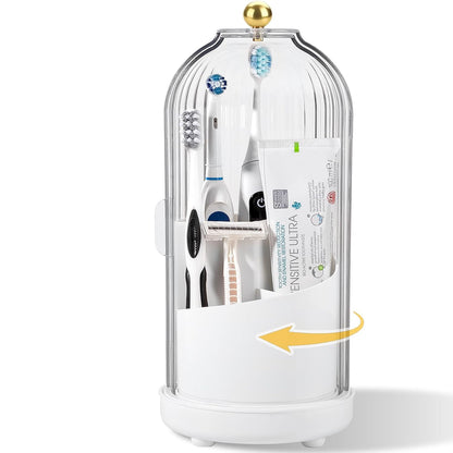 Toothbrush Holders with Cover Toothpaste Organizer for Bathroom, White | 360° Rotating, Dustproof Sliding Lid, Drainage Holes, Waterproof, for Kids Electric Toothbrush Makeup Brush Storage