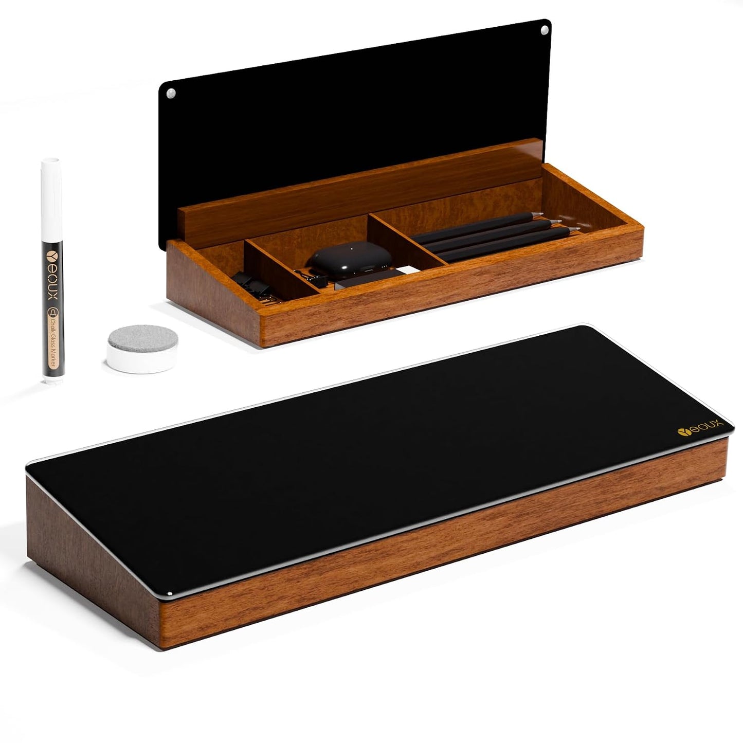 Desktop Black Glass Dry Erase Board with Wood Orga... (Black | Tempered Glass)