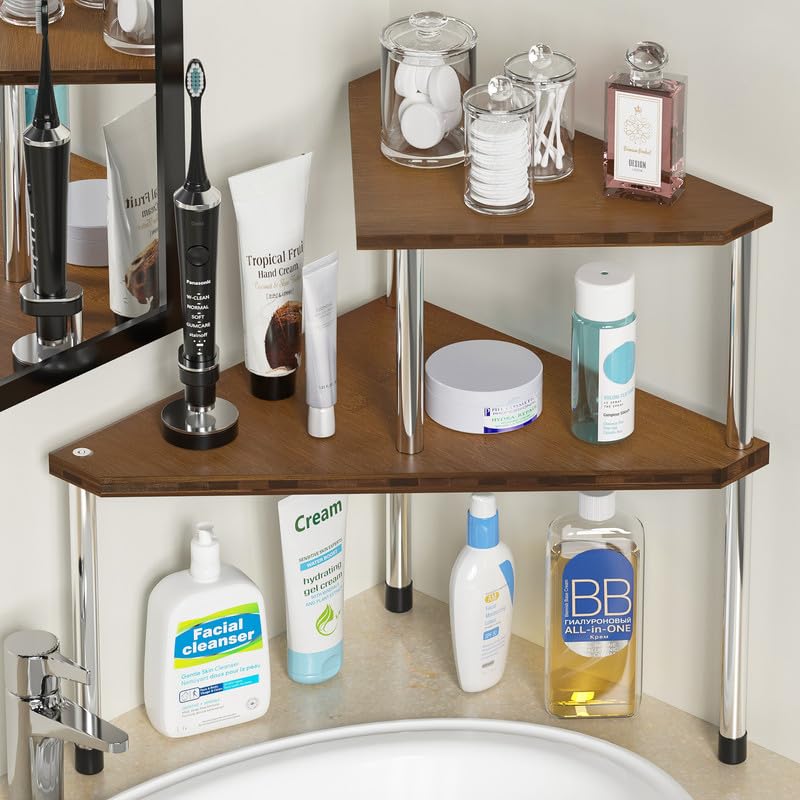 Weenson Bathroom Counter Organizer Over Sink for Toiletries, Makeup, Kitchen Countertop Organizer Spice Rack for Salt, 2-Tier Corner Counter Shelf for Coffee Area Storage Dresser Table(Black)