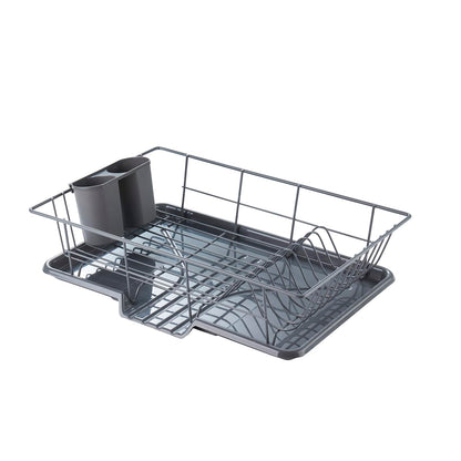 Sweet Home Collection Space-Saving 3-Piece Dish Drainer Rack Set: Efficient Kitchen Organizer for Quick Drying and Storage - Includes Cutlery Holder and Drainboard - Maximize Countertop Space, Gray
