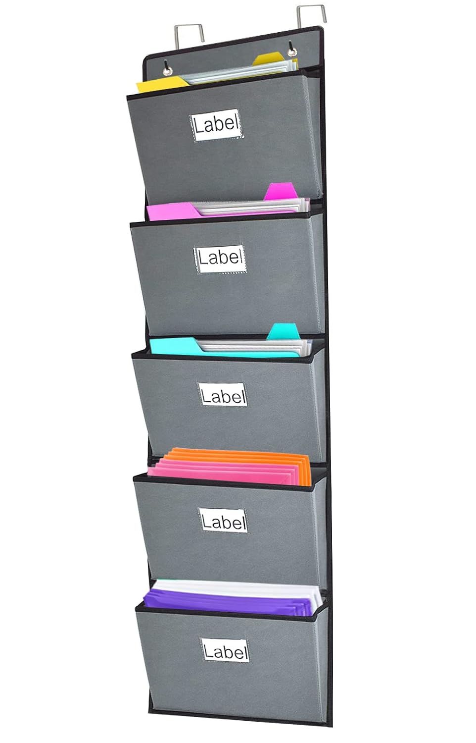 Over the Door Hanging File Organizer 5 Extra Large Pockets Wall Hanging File Folders Organizer Holders,Home Office Supplies Storage Pocket Chart for Paper Mails Planners Notebooks,Gray