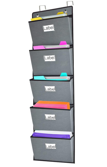 Over the Door Hanging File Organizer 5 Extra Large Pockets Wall Hanging File Folders Organizer Holders,Home Office Supplies Storage Pocket Chart for Paper Mails Planners Notebooks,Gray