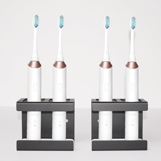 Set of 2 Electric Toothbrush Holder Wall Mounted, 18/8 Stainless Steel Toothbrush Stand with Diatomite Dish, 3M Self Adhesive Toothbrush Storage Rack for Bathroom (Black)