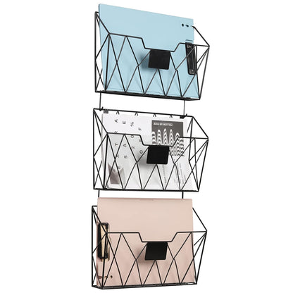 YBING Wall File Organizer, Hanging File Holder & Basket Set of 3, Black | Hanging File Rack with Hooks, Mail Organizer, Metal Wall Storage for Office Living Room School Classroom Home