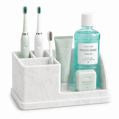 Silicone Bathroom Counter Organizer, Toothbrush Holder with Drainage Tray | 4 Slots Bathroom Countertop Storage Organizer Caddy, Toothpaste And Electric Tooth Brush Holder for Sink Vanity, White Marble