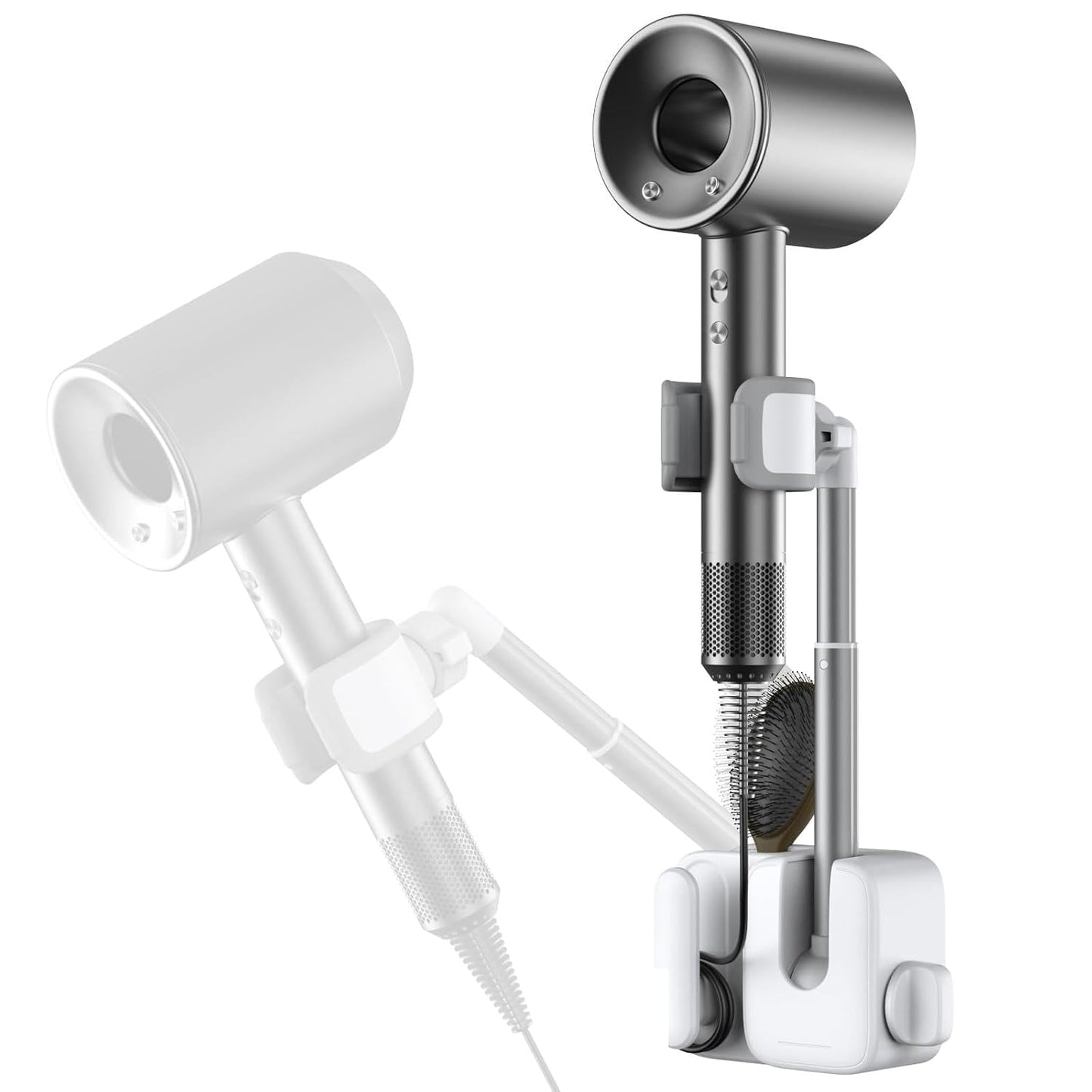 MoKo Hair Dryer Holder Wall Mount, Anti-Sag Adjustable Blow Dryer Stand | Anti-sag knob lock, 360° rotation, Height adjustable, Storage slot and cable management, No drill installation needed.