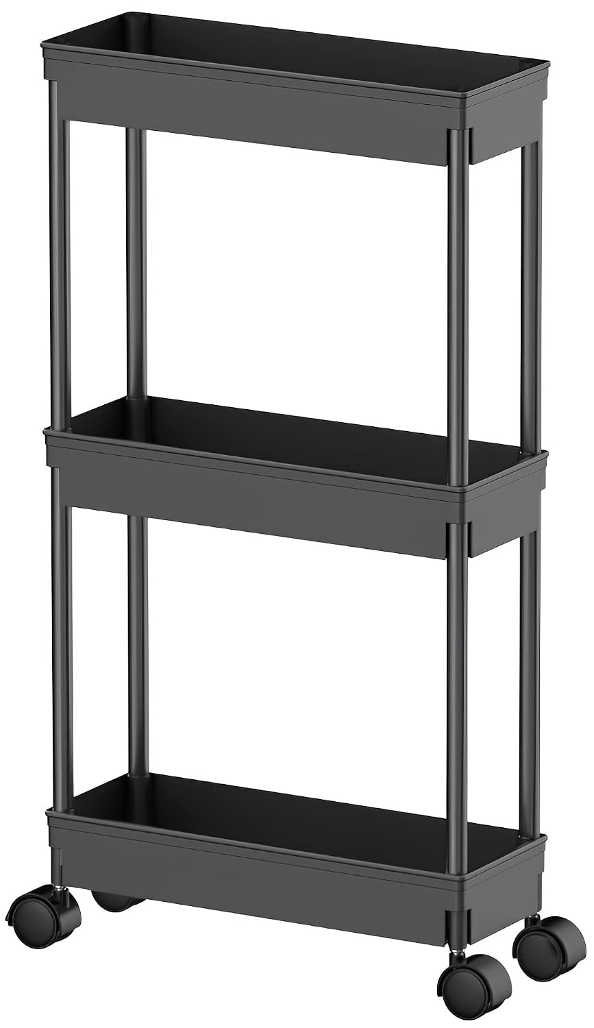 Sooyee 3 Tier Rolling Cart with Wheels, Black | Slim Storage Cart, Narrow Storage Cabinet, Under Desk Storage, For Office Bathroom Kitchen Laundry Room