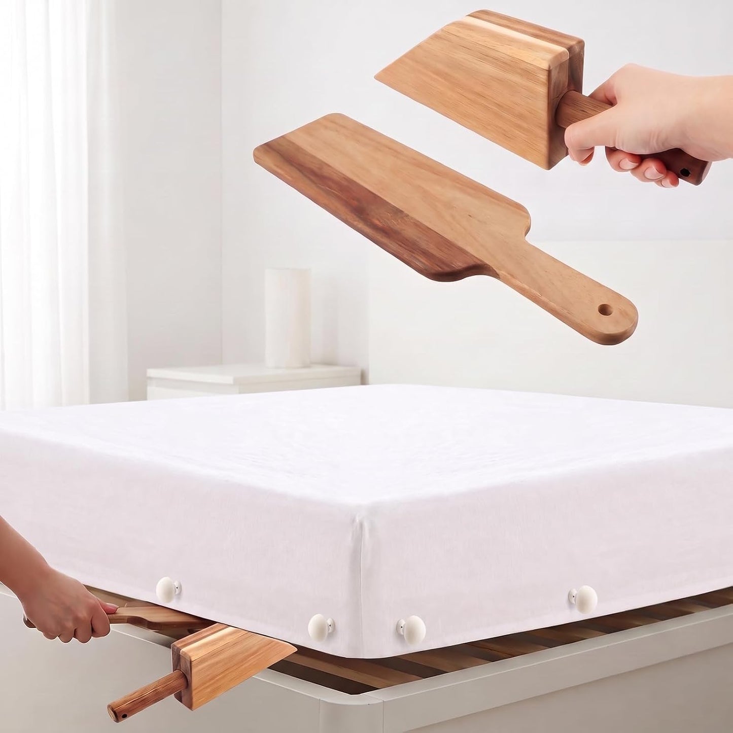 Mattress Lifter & Bed Making Tool Set, Wooden Wedge Lever with Sheet Tucking Tool & 8 Sheet Fasteners, Bedding Helper for Seniors, Caregivers and Housekeepers