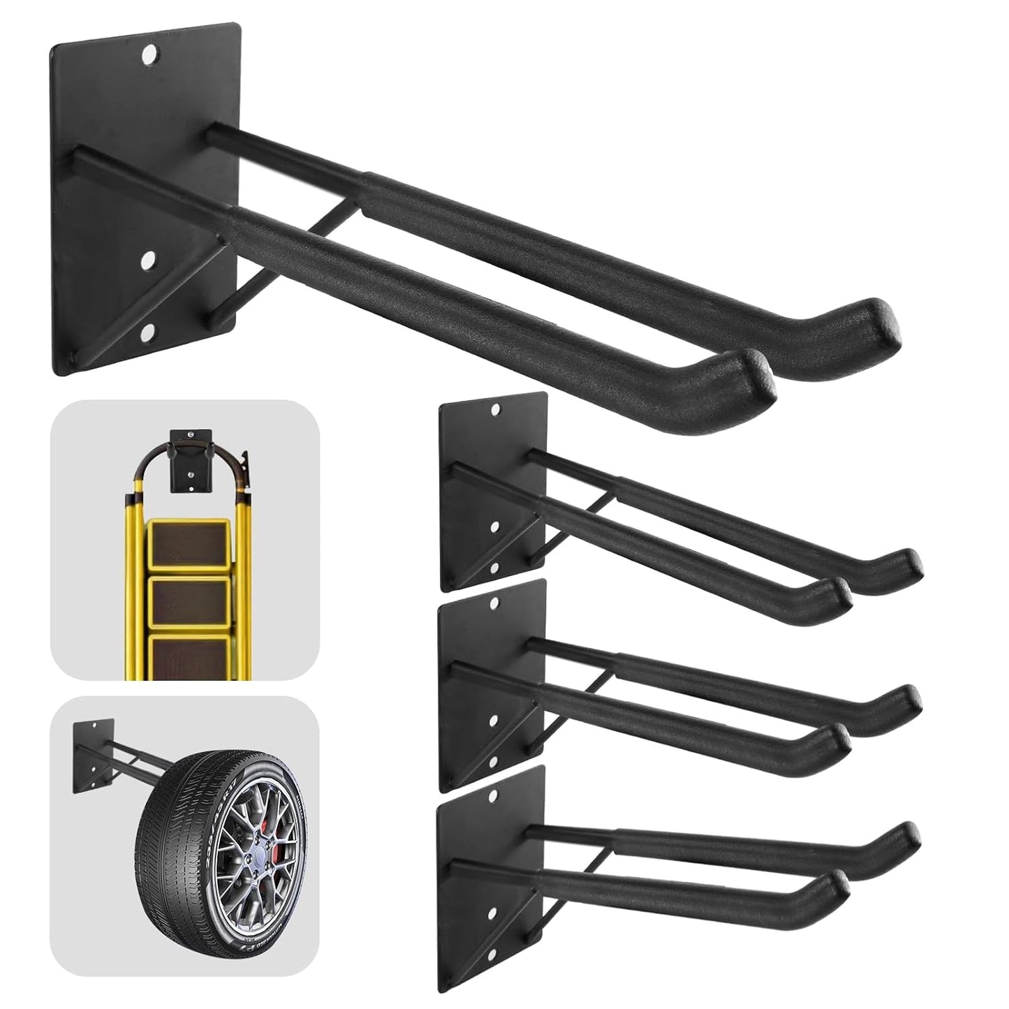 14" Large Heavy Duty Garage Hooks, 4-Pack Steel Garage Storage Hooks with Support Rods, Utility Wall Mount Hangers for Power Tools, Car Tires, Ladders, Chairs, Garden Tools and More