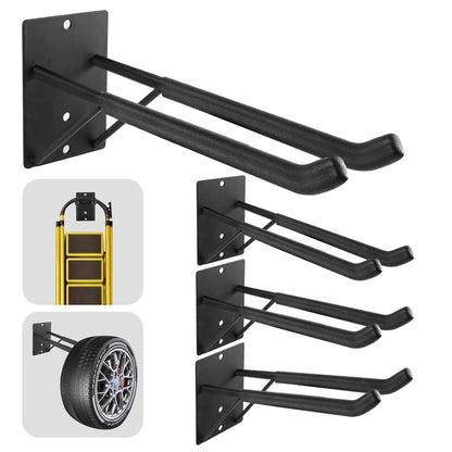 14" Large Heavy Duty Garage Hooks, 4-Pack Steel Garage Storage Hooks with Support Rods, Utility Wall Mount Hangers for Power Tools, Car Tires, Ladders, Chairs, Garden Tools and More
