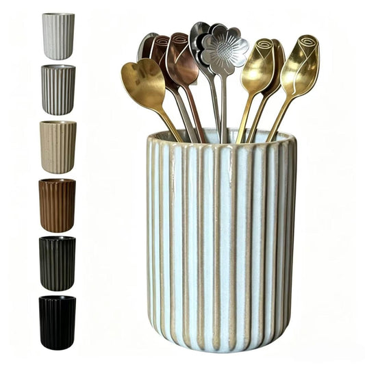 TOPYOKK Stoneware Coffee Bar Utensil Holder Tea & Coffee Spoon & Stirrer Holder for Stir Stick Straw Teaspoon Holder Espresso Spoon Cup Small Utensil Jar Fluted Vertical Stripe (Rustic Brown)