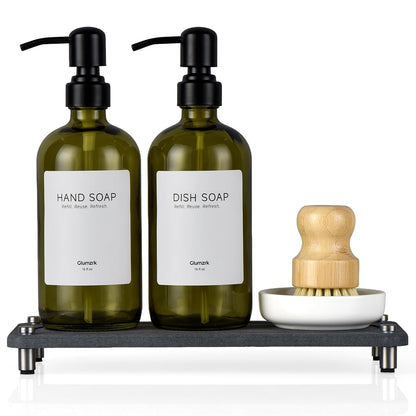 2 Pack Kitchen Soap Dispenser Set - 16oz Green Glass Dish and Hand Soap Dispenser with Stainless Steel Pump, Instant Dry Tray, Dish Brush & Holder, Refillable Countertop Sink Decor for Kitchen & Bath