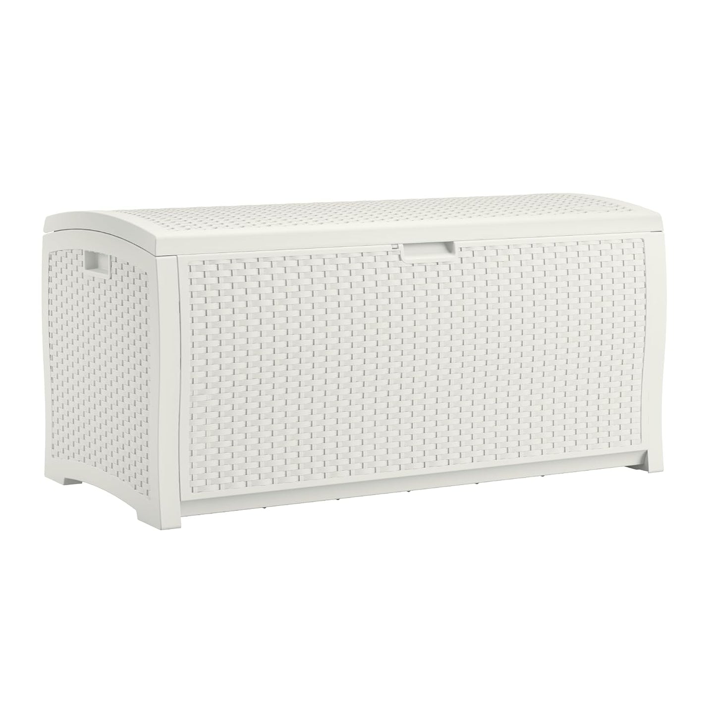 Suncast 99 Gallon Wicker Horizontal Outdoor Deck Box with Hinged Lid, Water-Resistant Storage Solution for Patio, Deck, Yard, and Garage, White, Made in the USA
