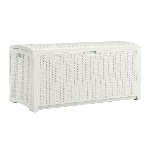 Suncast 99 Gallon Wicker Horizontal Outdoor Deck Box with Hinged Lid, Water-Resistant Storage Solution for Patio, Deck, Yard, and Garage, White, Made in the USA