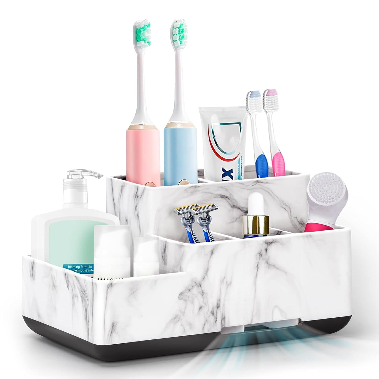 Detachable Toothbrush and Toothpaste Holder for Bathroom Countertop | Large Bathroom Organizer Storage Anti-Slip for Shower, Kitchen, Kids, Family, Multifunction Toothbrush Holders Marble Silver