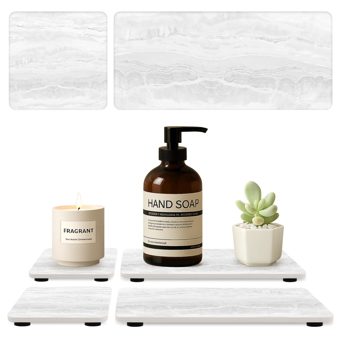 4 Pcs Water Absorbent Stone Dry Tray for Bathroom Sink Kitchen Counter Tray | Diatomite Stone Quick Drying Diatomaceous Earth Mat Soap Dispenser Dish Sponge Holder Ceramic Marble Bathroom Vanity Trays