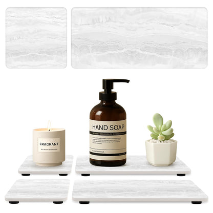 4 Pcs Water Absorbent Stone Dry Tray for Bathroom Sink Kitchen Counter Tray | Diatomite Stone Quick Drying Diatomaceous Earth Mat Soap Dispenser Dish Sponge Holder Ceramic Marble Bathroom Vanity Trays