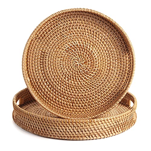 Coffee Table Tray Round Rattan Ottoman Tray Woven Serving Trays with Handles for Home and Kitchen Decorative Natural (Large 14 inch x 2.4 inch)
