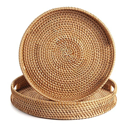Coffee Table Tray Round Rattan Ottoman Tray Woven Serving Trays with Handles for Home and Kitchen Decorative Natural (Large 14 inch x 2.4 inch)