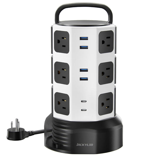 JACKYLED Power Strip Tower Surge Protector, 12 AC 6 USB (2 USB C), 1050J | Retractable Extension Cord with Multiple Outlets, 1625W/13A Outlet Extender, USB Charging Station for Home Office Dorm