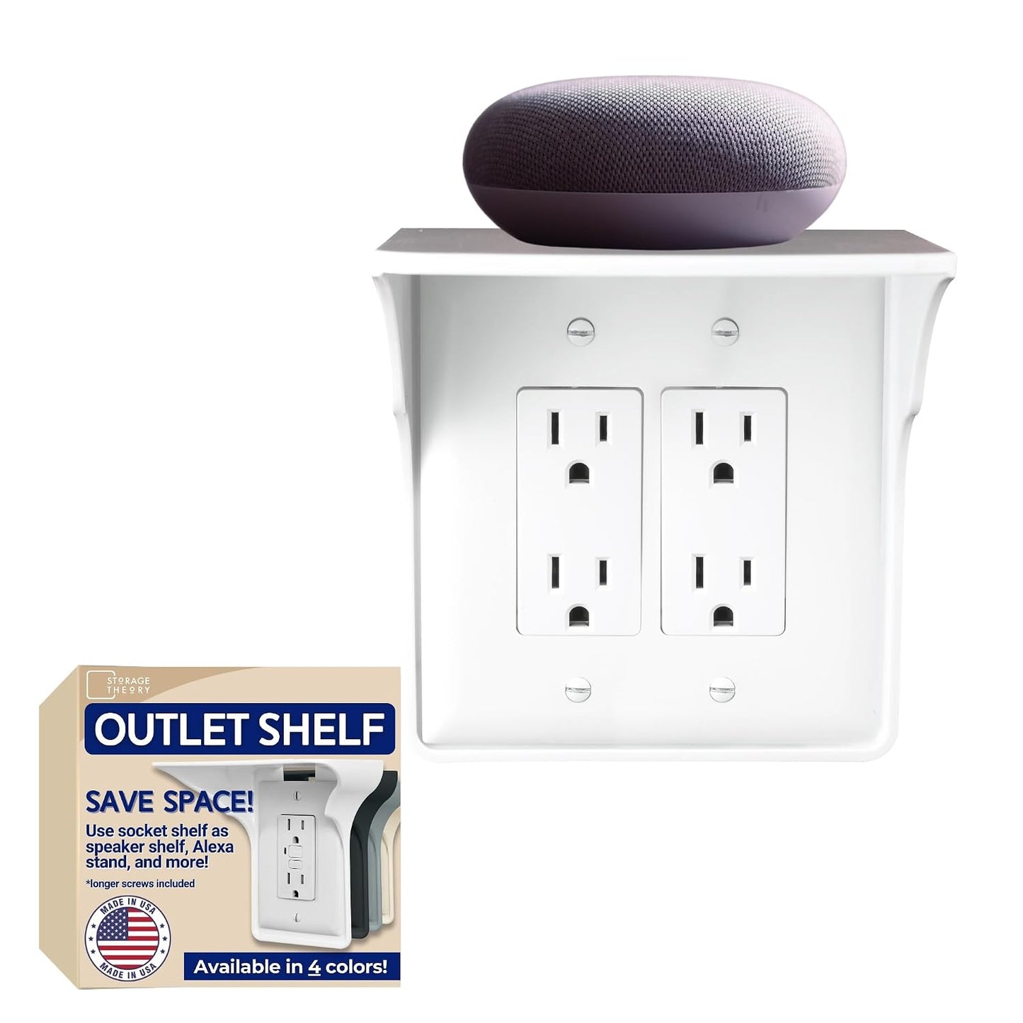 Power Perch Double Outlet Shelf Organizer - Echo Dot Holder, Phone Charging Station - Wall Outlet Holder with Cord Storage Strap - Socket Shelf Bathroom Kitchen Counter - White 1 Pack
