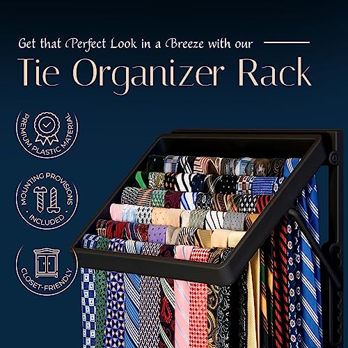 TieMaster Wall Mounted Tie Rack and Scarf Organizer with 5 Belt Hooks | Battery-Free, Holds 60 Ties and Scarves, Easy Installation, Sleek Durable Plastic Design for closet, Gift for Men and Women