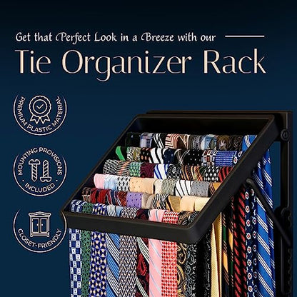TieMaster Wall Mounted Tie Rack and Scarf Organizer with 5 Belt Hooks | Battery-Free, Holds 60 Ties and Scarves, Easy Installation, Sleek Durable Plastic Design for closet, Gift for Men and Women