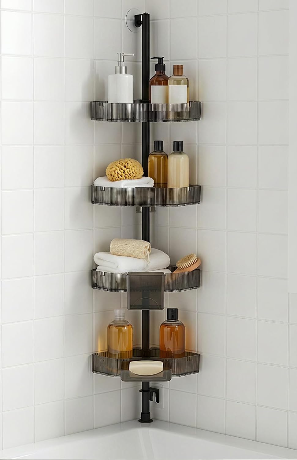 Corner Shower Caddy, Adjustable 4-Tier Rustproof Bathroom Organizer Shelves, 45-75 Inch No-Drill Quick Installation Bathtub Corner Shelf