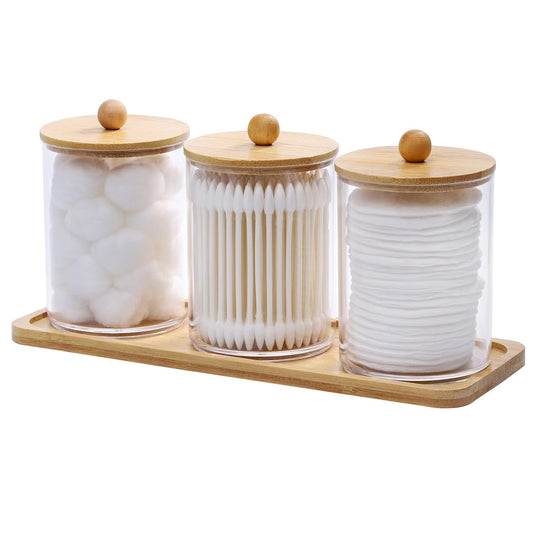 Tbestmax 10 Oz Cotton Swab/Ball/Pad Holder with Vanity Tray, Qtip Apothecary Jar, Clear Bathroom Containers Dispenser for Storage 3 Pack Wood Lids