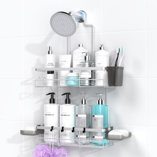 Hanging Shower Caddy Over Showerhead - Rustproof No Drill Shower Organizer | Includes Soap Holder and Hooks for Shampoo, Conditioner, and Bathroom Essentials with Quick Drainage Design