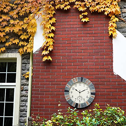 UMEXUS Outdoor Clocks for Patio Waterproof with Thermometer Combo, Brown | 13-in Weatherproof Wall Clock, UV Resistant, Silent, Battery Operated, Easy to Read for Patio Pool Garden Lanai Fence Porch