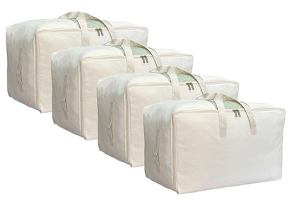 DoYiKe Soft Large Canvas Storage Bags with Zipper and Clear Window, Cotton Linen Storage Organizer for Pillows, Quilt, Blankets and Comforter, 80L, 4 Pack, Beige