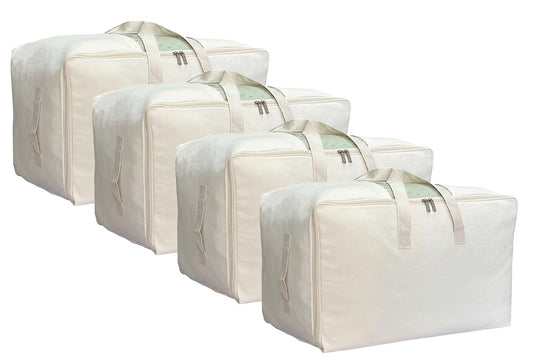 DoYiKe Soft Large Canvas Storage Bags with Zipper and Clear Window, Cotton Linen Storage Organizer for Pillows, Quilt, Blankets and Comforter, 80L, 4 Pack, Beige