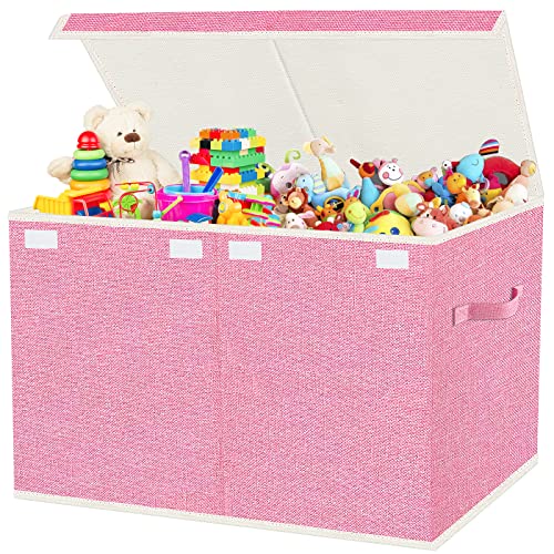 Toy Storage Box with Lid, Collapsible 82L Pink | 82L Large Bin (24.5"x13"x16") in Pink. 800D Oxford, Dual Handles, Folds Flat. For Nursery, Playroom, Bedroom
