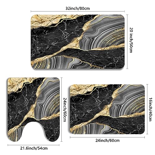 MUGINYU Black and Gold Rug for Bathroom Decor,Black and Gold Bathroom Rugs Sets 3 Piece,Marble Decor Thin Rubber Diatomaceous Earth Quick Dry Rugs with U-Shaped Contour Toilet Mat