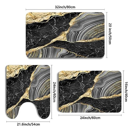MUGINYU Black and Gold Rug for Bathroom Decor,Black and Gold Bathroom Rugs Sets 3 Piece,Marble Decor Thin Rubber Diatomaceous Earth Quick Dry Rugs with U-Shaped Contour Toilet Mat