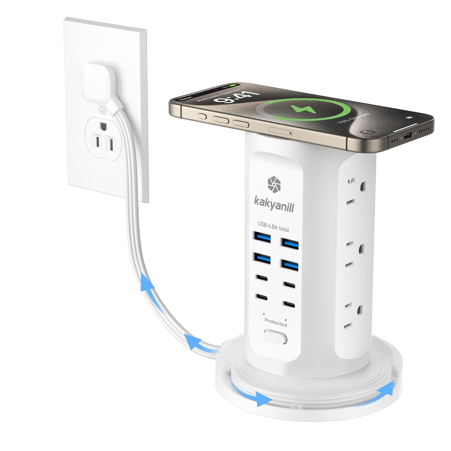 Power Strip Tower, kakyanill Charging Station 9 AC Outlets 8 USB Ports | 6 Ft Retractable Extension Cord, 15W Wireless Charger, White