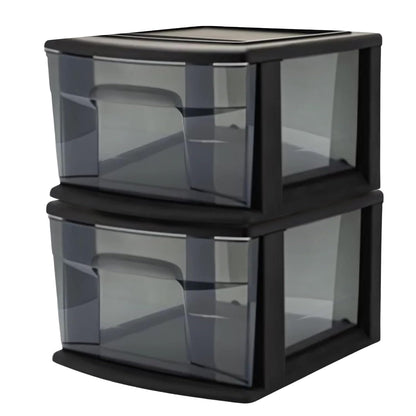 HOMZ 1 Drawer Storage Cart, Medium Plastic Container, Black Frame, 2 Pack | 14.25" Wide Medium Tote with 1 Smoke Tint Drawer for Organizing Bathrooms, Bedrooms, Home Offices, Closets, and Dorm Rooms