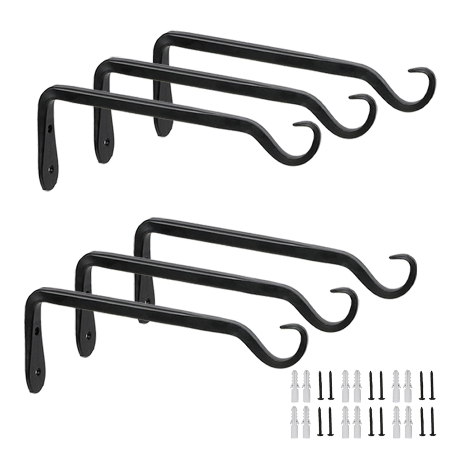 Worth 6-Pack 7" Plant Hanger Bracket, Forged Iron Black Hanging Hooks | Heavy Duty Wrought Hanging Plant Holder for Garden Fence, Wall Hooks for Bird Feeder, Indoor Outdoor Use