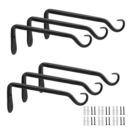 Worth 6-Pack 7" Plant Hanger Bracket, Forged Iron Black Hanging Hooks | Heavy Duty Wrought Hanging Plant Holder for Garden Fence, Wall Hooks for Bird Feeder, Indoor Outdoor Use