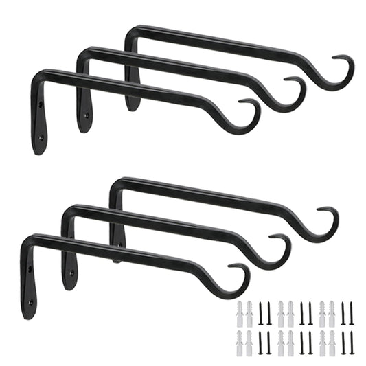 Worth 6-Pack 7" Plant Hanger Bracket, Forged Iron Black Hanging Hooks | Heavy Duty Wrought Hanging Plant Holder for Garden Fence, Wall Hooks for Bird Feeder, Indoor Outdoor Use