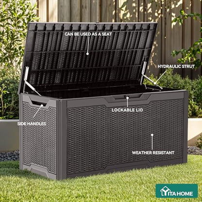 YITAHOME 100 Gallon Large Deck Box | Outdoor Resin Storage Boxes for Patio Furniture, Outdoor Cushions, Garden Tools, Water Resistant and Lockable