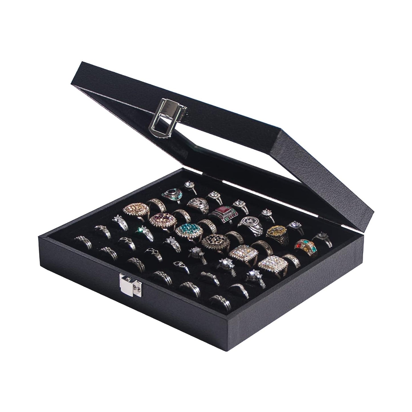 Pangkeep Ring Organizer Display Case,Black Jewelry Storage Tray Boxes for Multiple Rings,Glass Lid,Stackable. (42 Slots)