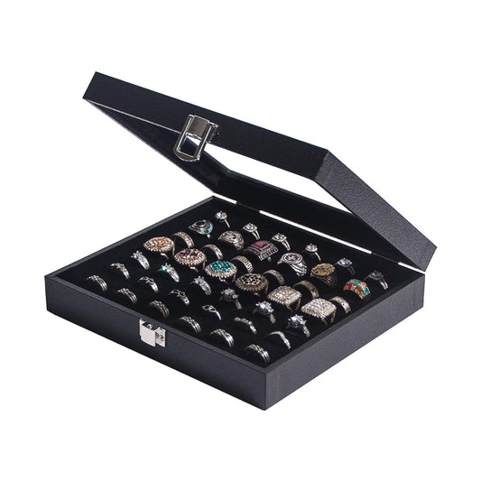 Pangkeep Ring Organizer Display Case,Black Jewelry Storage Tray Boxes for Multiple Rings,Glass Lid,Stackable. (42 Slots)