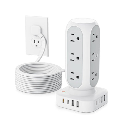 Flat Plug Power Strip Tower, TenTrend 40W Total Fast Charging Station, 10FT | 12 AC Outlets & 8 USB Ports (4 USB C), Dual PD 20W, Long Extension Cord for Desk Office Dorm Room