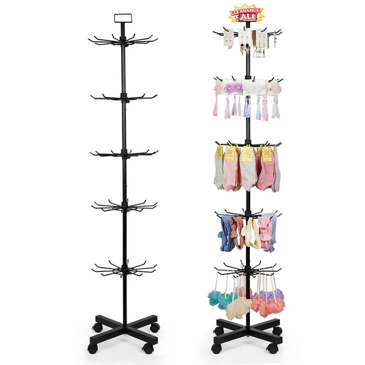 5 Tier Retail Display Stand Store Display Rack, Black | Metal Spinning Display Stand Rack with Wheels Keychain Jewelry Stocking Hat Display Stand with Hooks for Malls, Retail Store