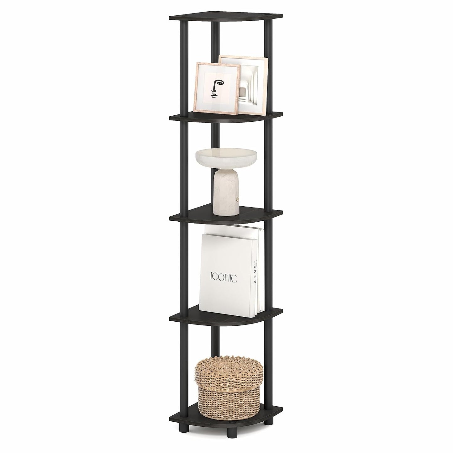 Furinno Turn-N-Tube Corner Shelf, 5-Tier Corner Bookshelf, Open Storage Shelves, for Organization and Storage, Living Room, Home Office, Garage, Bedroom, Black Espresso