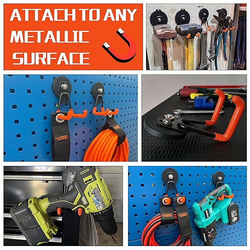 ULIBERMAGNET Heavy Duty Magnetic Garage Hooks,4 Pack Strong Large Magnet Hooks for Power Drill,Garden Tools,Hose,Pegboard,Garage, Workshop,Magnetic Storage Hooks for Indoor Outdoor Hanging(Orange)